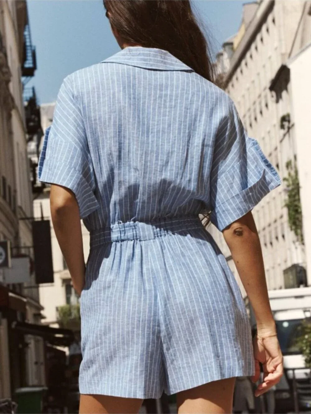 Zara Linen Blend Romper Jumpsuit Blue Stripe Size Medium